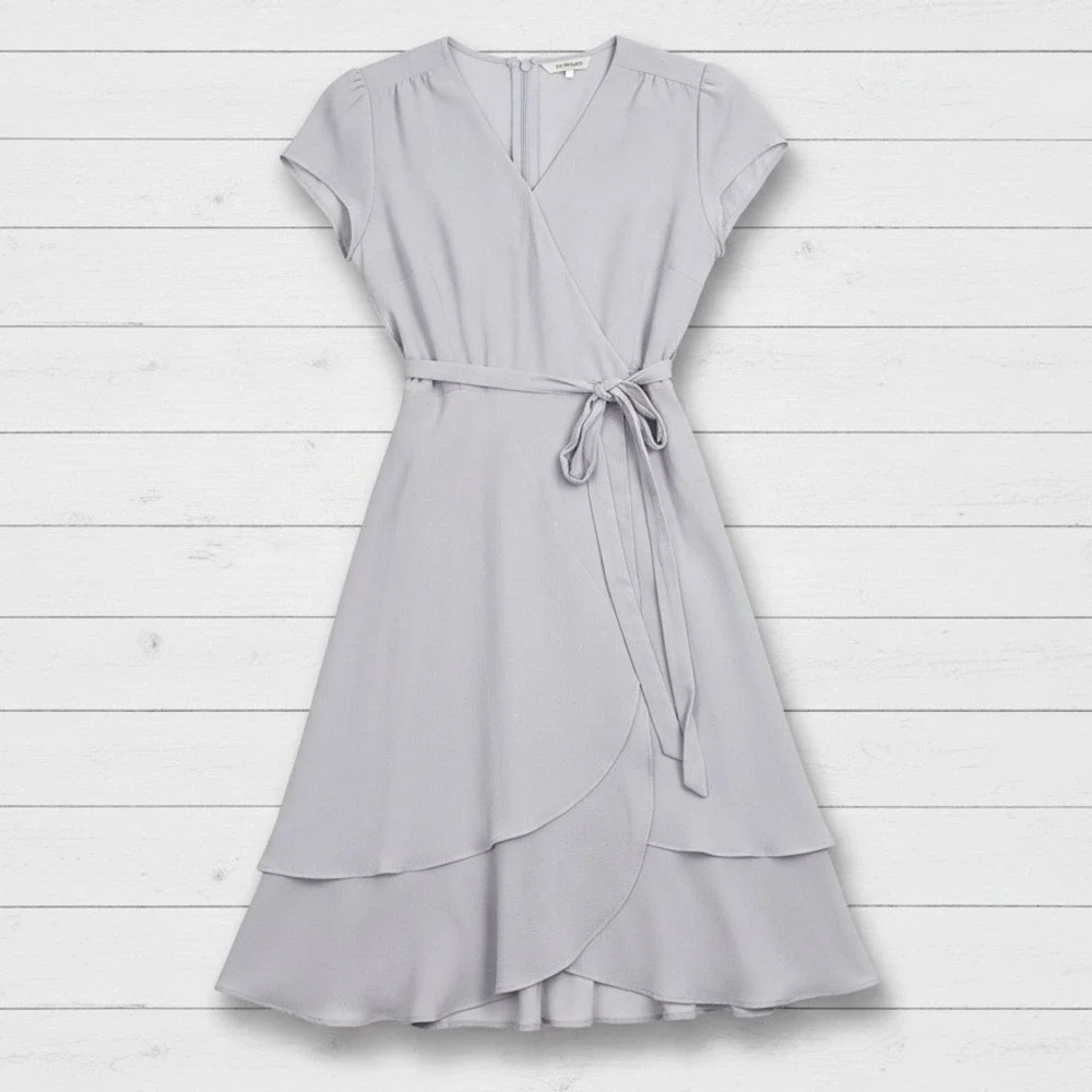 Romantic Wrap Midi Dress WAYF M Lavender Blue Crepe Cottage Soft Ethereal Fairy